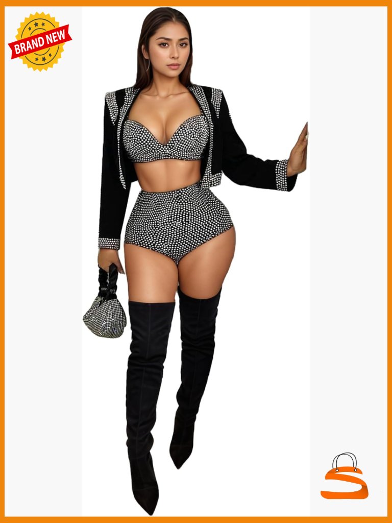 Sexy Rhinestone Mesh Romper Jumpsuit Long Sleeve V-Neck Party Club Wear